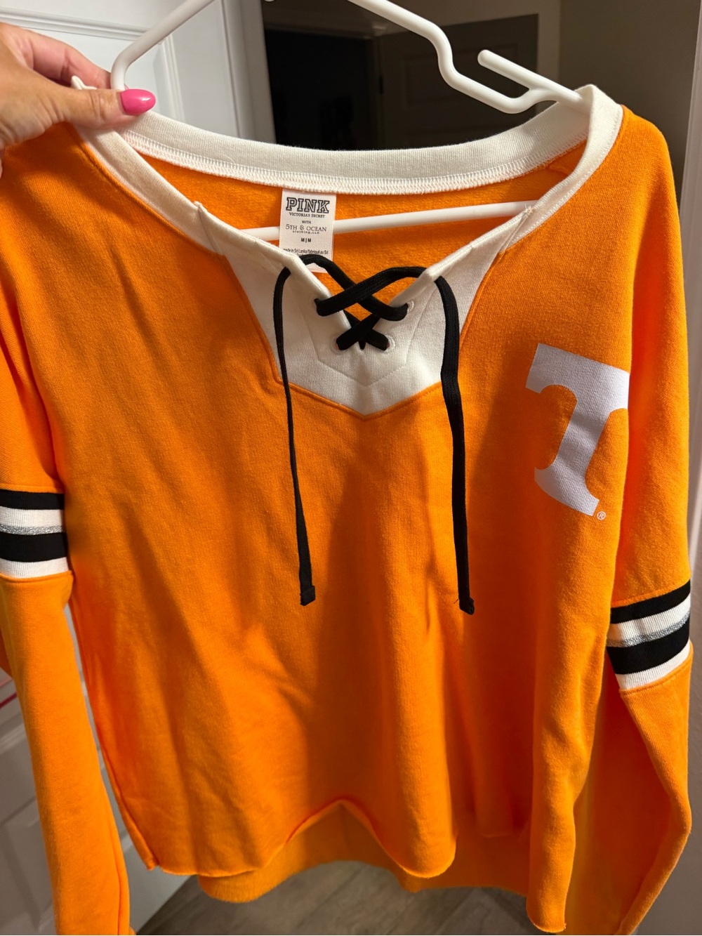 PINK Lace-Up V-Neck Pullover in Bright Orange